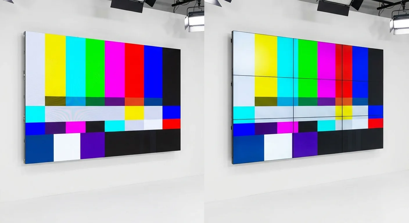 Side-by-side comparison of LED and LCD video wall technologies in a control room setting