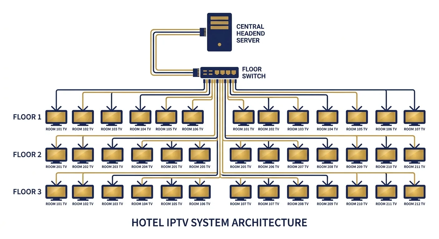 Diagram showing hotel IPTV architecture from headend to room TV via network switch