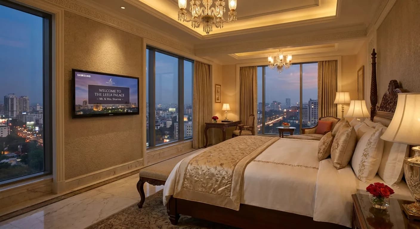 Samsung hospitality TV displaying a hotel welcome screen in an elegantly furnished hotel room