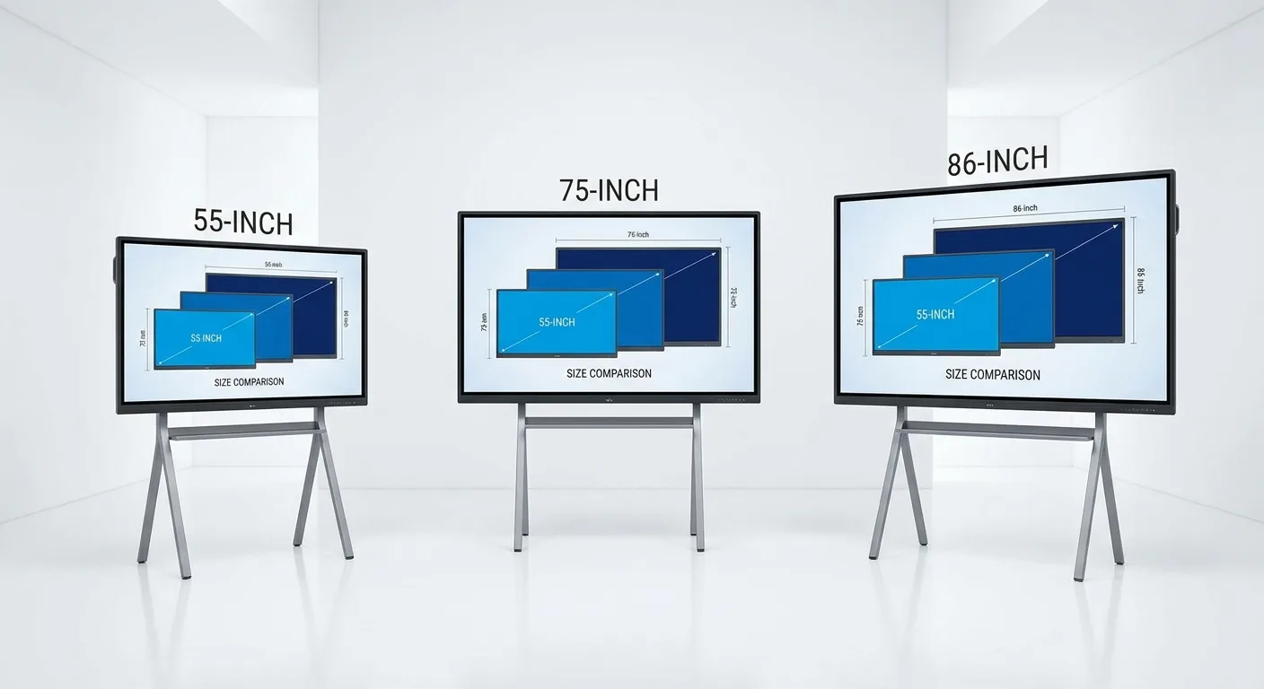 IFPD size comparison showing 65-inch, 75-inch, and 86-inch interactive displays relative to classroom dimensions