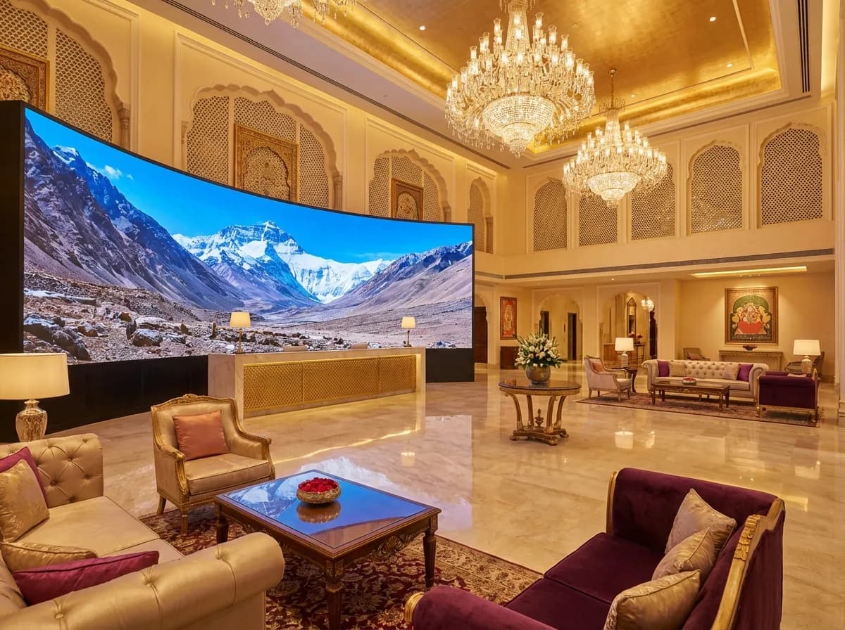 Samsung hospitality display solutions in a modern hotel lobby and guest room